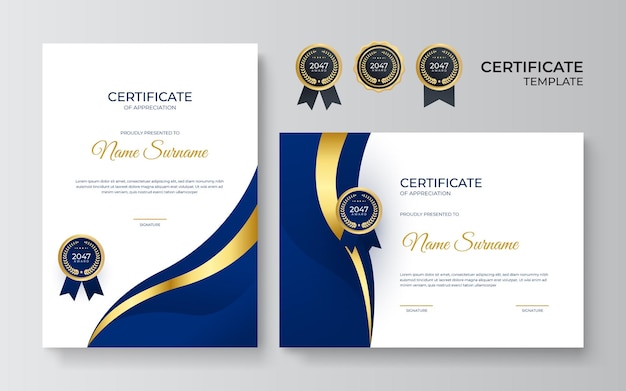 Blue and gold certificate of achievement template with gold badge and border. Certificate template with golden decoration element. Design diploma graduation, award. Vector illustration