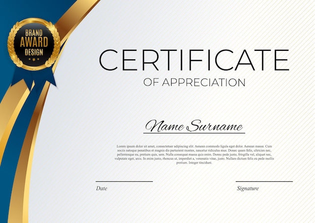 Vector blue and gold certificate of achievement template