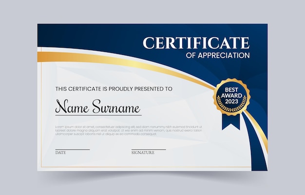a blue and gold certificate for a certificate of award