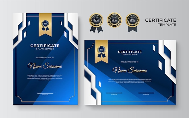 Blue and gold certificate template. modern blue certificate award or diploma template set of portrait and landscape design. suit for business, education, award and more