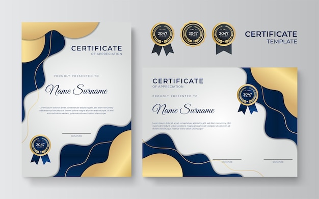 Modello di certificato blu e oro. set di due modelli di certificato o diploma blu moderno, design verticale e orizzontale in formato a4. vestito per affari, istruzione, premi e altro