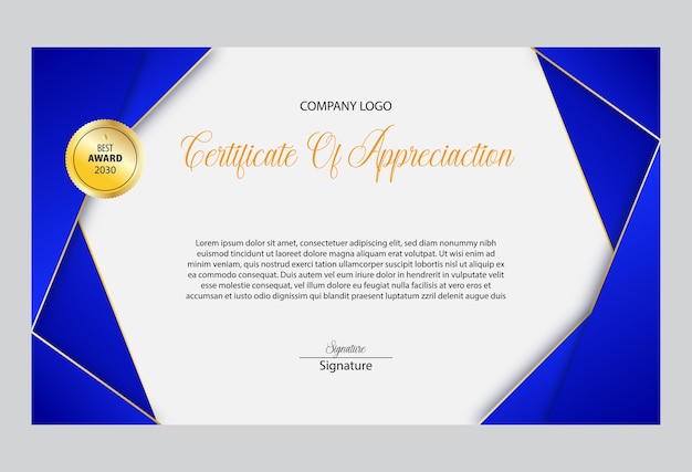 Blue and gold certificate template with premium vector