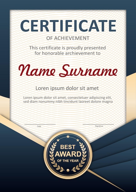 Modello di certificato blu e oro