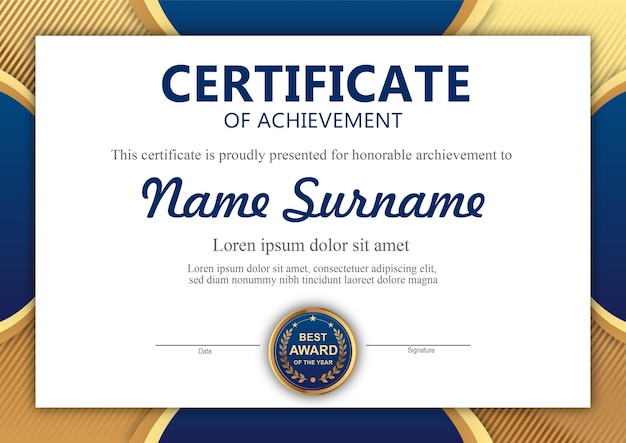 Modello di certificato blu e oro