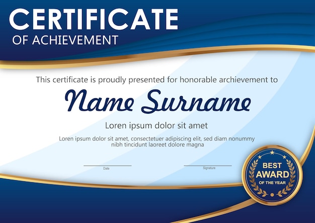 Blue and gold certificate template