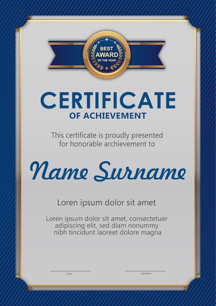 Blue and gold certificate template