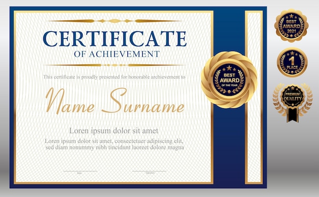 Modello di certificato blu e oro