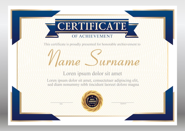 Blue and gold certificate template