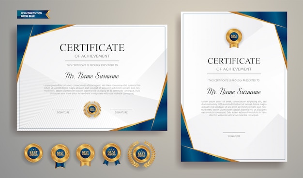 Blue and gold certificate with badge and border vector A4 template.