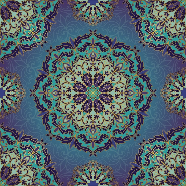Blue and gold pattern with mandalas.