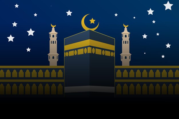 Vector a blue and gold poster with a kaaba in the middle.