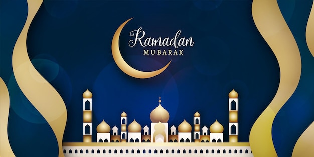 blue and golden Paper Cut Style Free vector eid mubarak ramadan season festival greeting design