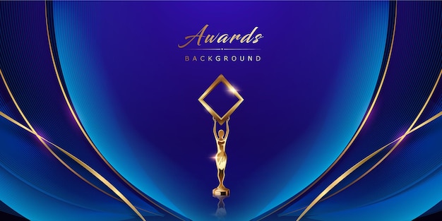 Blue Golden Round Side Curve Wave Award Background. Trophy on Luxury Background.