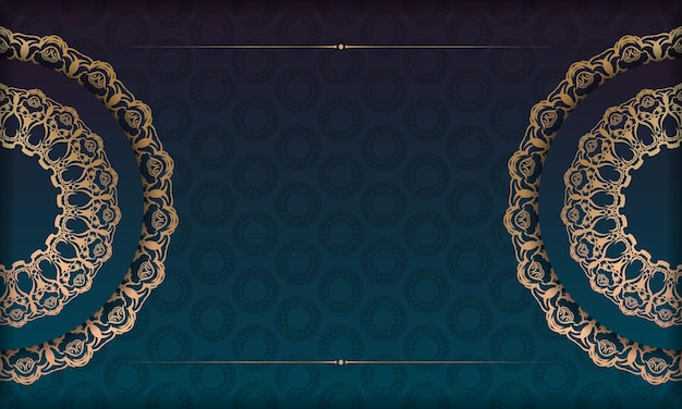 Blue gradient banner with gold mandala ornament and logo spot