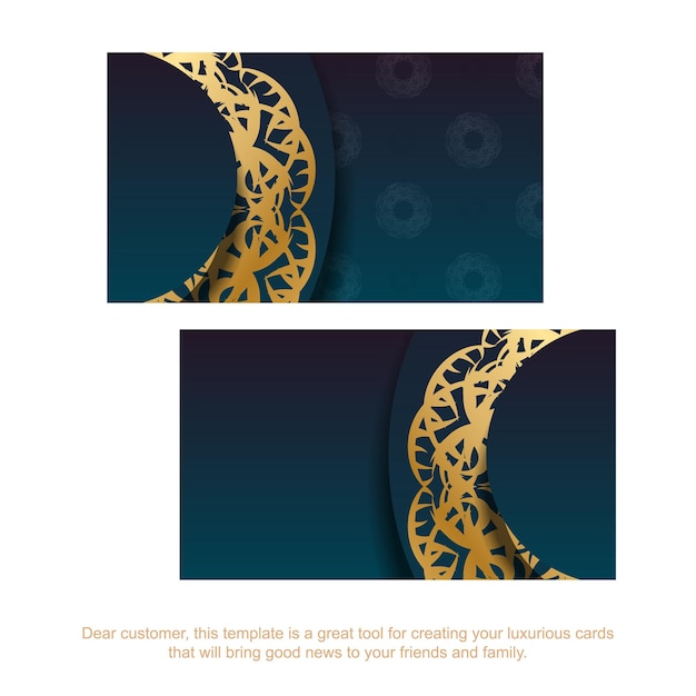 Blue gradient business card with vintage gold pattern for your business.