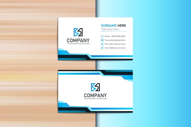 Blue Gradient Business card on wood and blue background