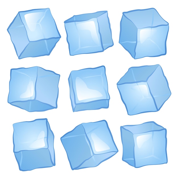 Vector blue gradient ice cube set with a bright glare isolated on white background