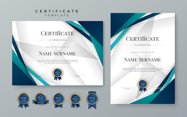 Modello di certificato moderno sfumato blu modello di certificato blu di conseguimento con distintivo per il modello di documento elegante per il conseguimento del diploma di premio
