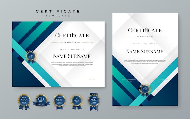 Blue gradient modern certificate template blue certificate of achievement template with badge for award diploma achievement business honor elegant document template