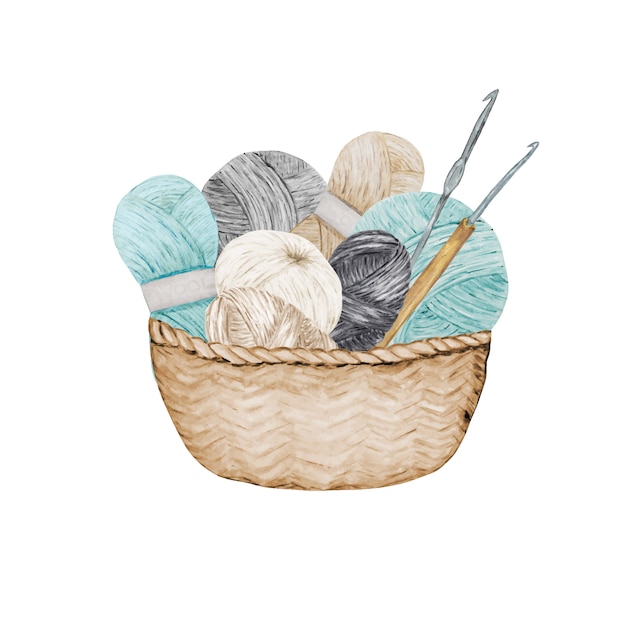 Vector blue gray beige crocheting knitting shop logotype, branding, avatar composition of yarns balls, crochet hooks in wicker basket . illustration for handmade crocheting icons scandinavian vintage style