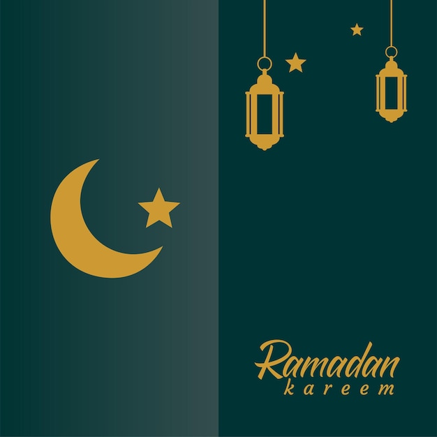 A blue and green background with a ramadan kareem and a crescent moon.