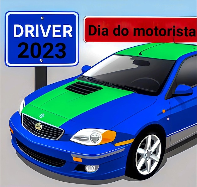 A blue and green car with a sign that says driveman.