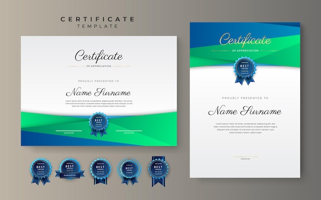 Modello di confine blu e verde del certificato di conseguimento con badge di lusso e motivo a linee moderne per esigenze aziendali e educative