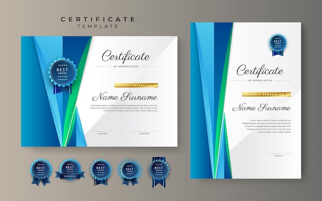 Modello di confine blu e verde del certificato di conseguimento con badge di lusso e motivo a linee moderne per esigenze aziendali e educative
