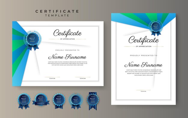 Blue and green certificate of achievement border template with luxury badge and modern line pattern For award business and education needs