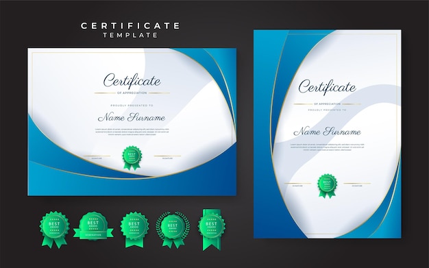 Modello di confine blu e verde del certificato di conseguimento con badge di lusso e motivo a linee moderne per esigenze aziendali e educative