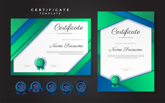 Modello di confine blu e verde del certificato di conseguimento con badge di lusso e motivo a linee moderne per esigenze aziendali e educative