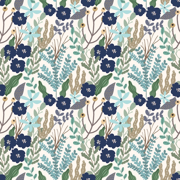 Blue green floral leaves garden seamless pattern