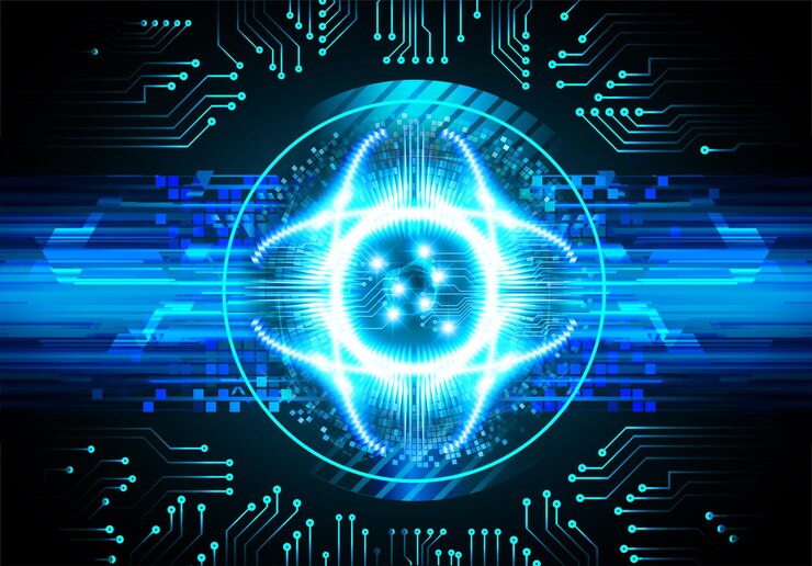 Vector a blue and green image of a circuit board with a star and a symbol in the center.