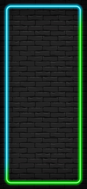 Blue green solid vertical neon frame on dark brick background