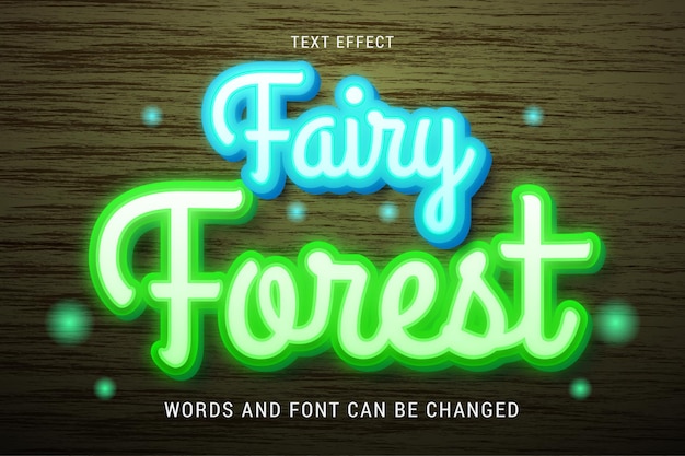 Blue and green text effect of fairy forest theme isolated on brown wood background editable eps cc