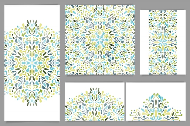 Vector blue and green watercolor mandala stationery set