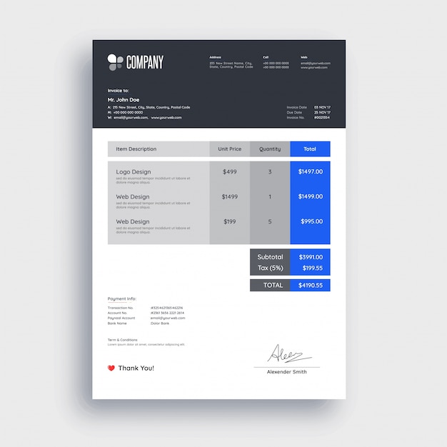 Blue and grey invoice template design for your business.