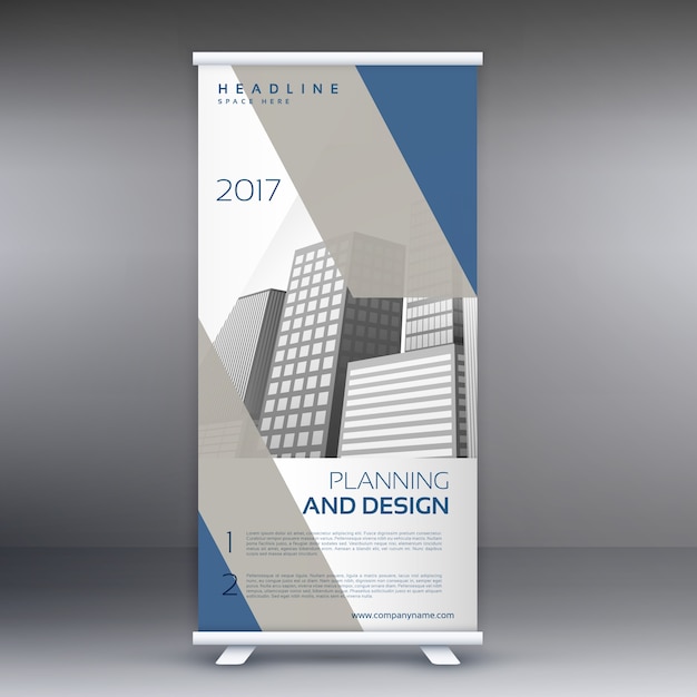 Vettore pulito modern grigio e blu standee rotolare su modello di progettazione banner