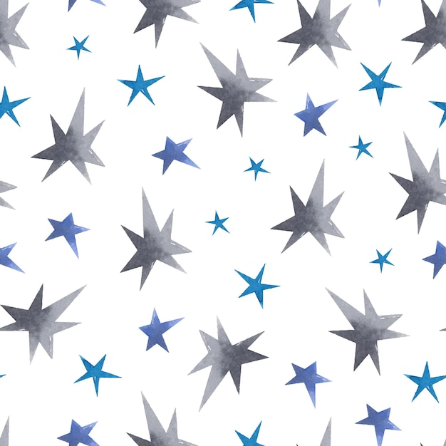 Blue and grey stars and dots watercolor seamless pattern