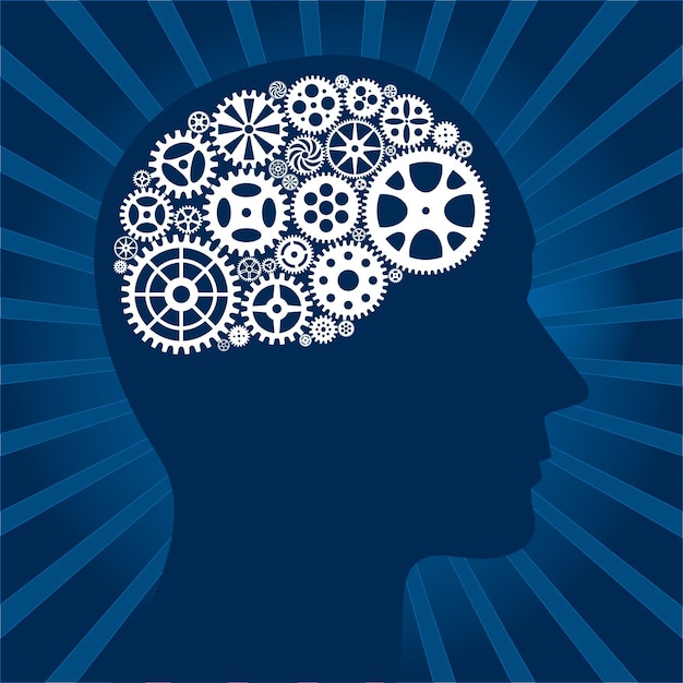 Blue grunge background with human head and gears