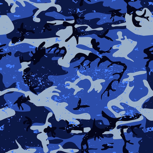 Vector blue grunge camouflage seamless pattern