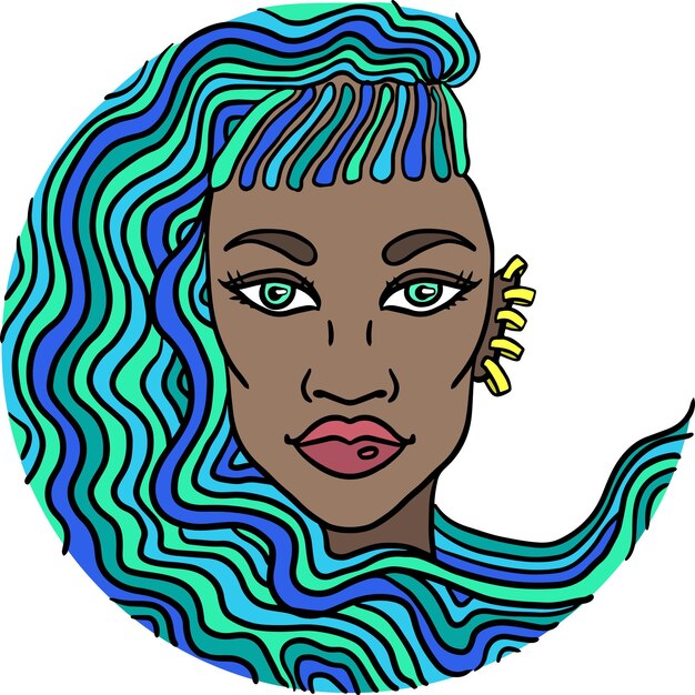 Vector blue hair girl with golden earrings portrait