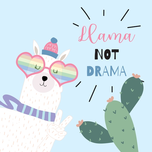 Blue hand drawn cute card with llama not drama