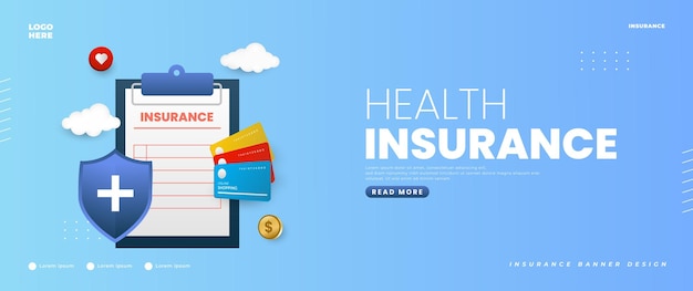 Blue health insurance banner design with document shield coin and cloud elements