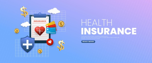 Disegno di banner blu per l'assicurazione sanitaria con moneta per lo scudo dei documenti e elementi di nuvola
