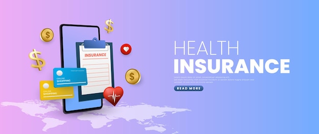 blue health insurance banner design with document shield coin and cloud elements