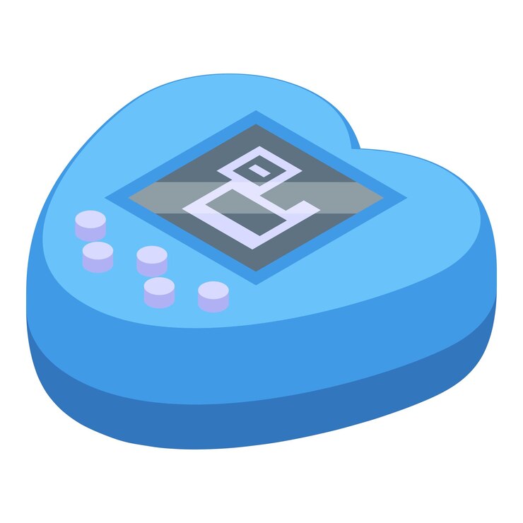 Vector blue heart shaped digital pet game displaying pixelated dog on screen