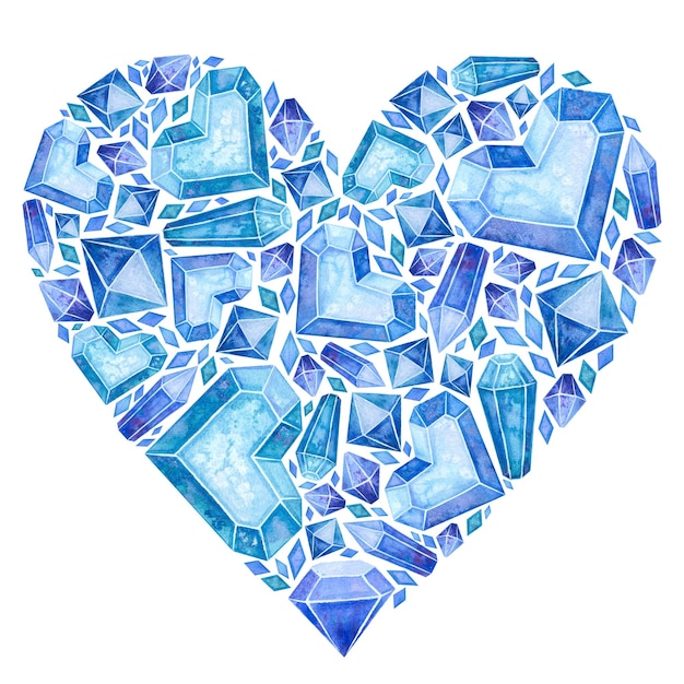 Blue heart with ice crystals gemstones jewelry watercolor hand drawn illustration clipart on whi