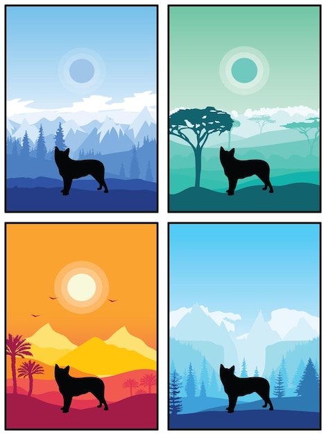 Blue Heeler Dog Breed Silhouette Sunset Forest Nature Background 4 Posters Stickers Cards