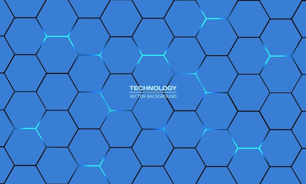 Blue hexagonal technology vector abstract background Blue bright energy flashes under hexagon in modern technology futuristic background vector illustration Blue vector honeycomb texture grid
